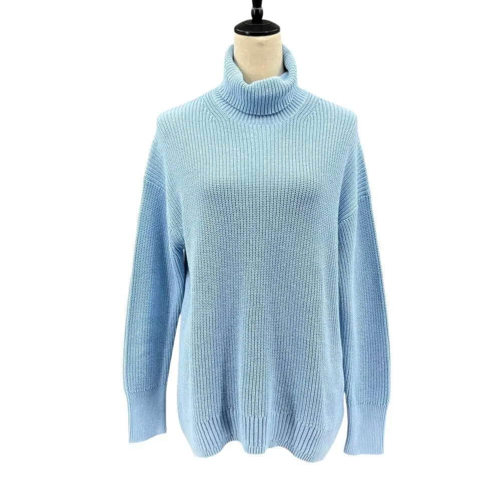 J. Crew Blue Cotton Cashmere Blend Chunky Ribbed Turtleneck Fisherman Sweater